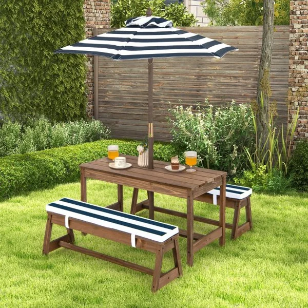 Table et 2 Bancs de Jardin avec Parasol et Coussins en Sapin Table de Pique-nique pour 4 Enfants Bleu/Café