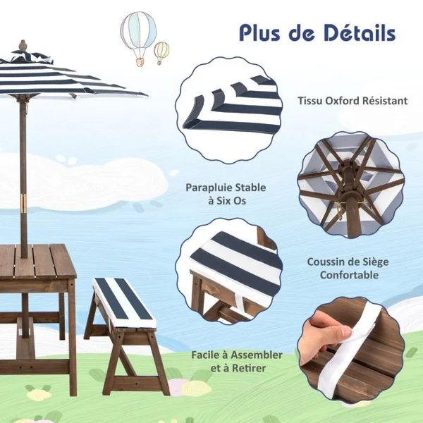 Table et 2 Bancs de Jardin avec Parasol et Coussins en Sapin Table de Pique-nique pour 4 Enfants Bleu/Café