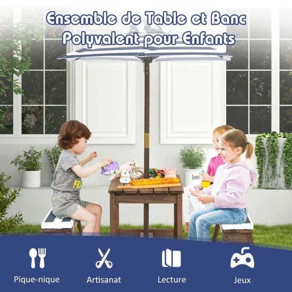 Table et 2 Bancs de Jardin avec Parasol et Coussins en Sapin Table de Pique-nique pour 4 Enfants Bleu/Café