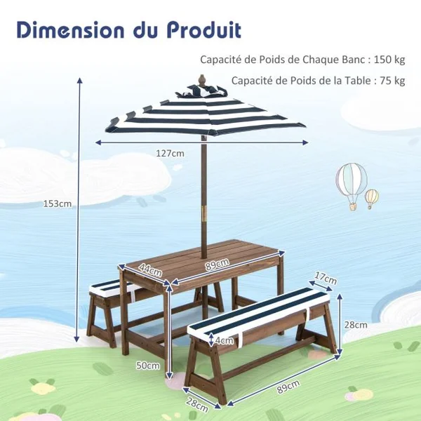 Table et 2 Bancs de Jardin avec Parasol et Coussins en Sapin Table de Pique-nique pour 4 Enfants Bleu/Café