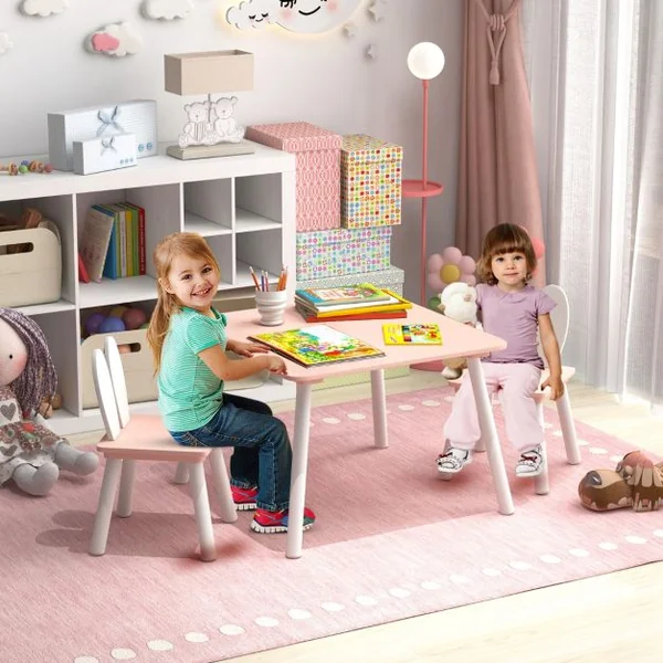 Table et 2 Chaises Enfants 3-6 Ans en Forme Lapin Chaises Ergonomique pour pour Jouer Dessiner Manger Blanc/Gris/Rose