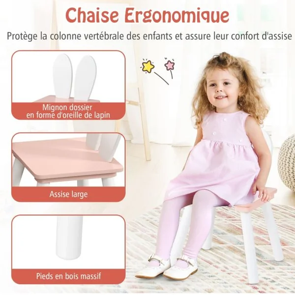 Table et 2 Chaises Enfants 3-6 Ans en Forme Lapin Chaises Ergonomique pour pour Jouer Dessiner Manger Blanc/Gris/Rose