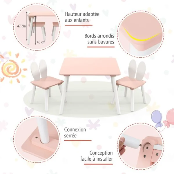 Table et 2 Chaises Enfants 3-6 Ans en Forme Lapin Chaises Ergonomique pour pour Jouer Dessiner Manger Blanc/Gris/Rose