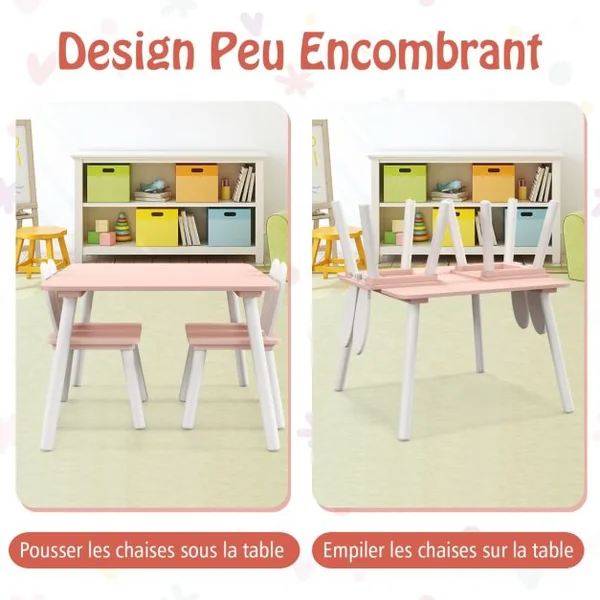 Table et 2 Chaises Enfants 3-6 Ans en Forme Lapin Chaises Ergonomique pour pour Jouer Dessiner Manger Blanc/Gris/Rose