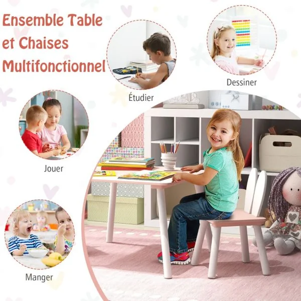 Table et 2 Chaises Enfants 3-6 Ans en Forme Lapin Chaises Ergonomique pour pour Jouer Dessiner Manger Blanc/Gris/Rose