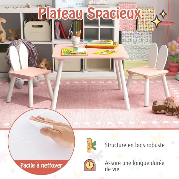 Table et 2 Chaises Enfants 3-6 Ans en Forme Lapin Chaises Ergonomique pour pour Jouer Dessiner Manger Blanc/Gris/Rose