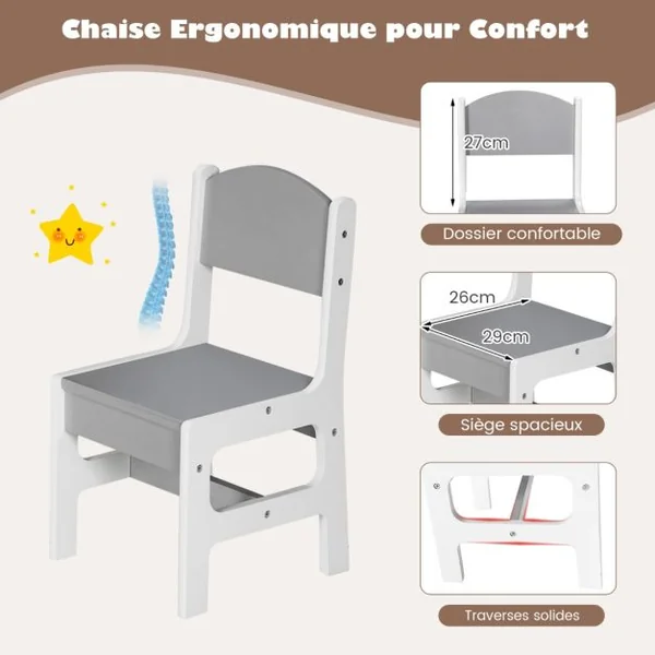 Table et 2 Chaises Enfants avec 2 Paniers de Rangement Bureau Enfants en Bois avec Design Ergonomique Charge 50kg pour Enfants de 3 Ans+
