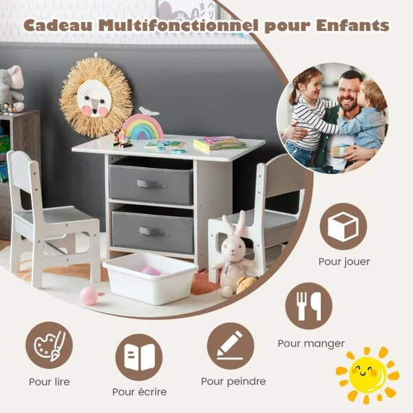 Table et 2 Chaises Enfants avec 2 Paniers de Rangement Bureau Enfants en Bois avec Design Ergonomique Charge 50kg pour Enfants de 3 Ans+