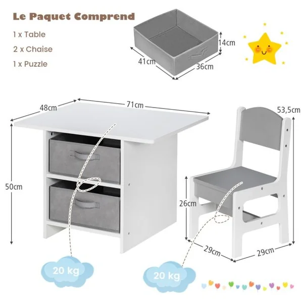 Table et 2 Chaises Enfants avec 2 Paniers de Rangement Bureau Enfants en Bois avec Design Ergonomique Charge 50kg pour Enfants de 3 Ans+