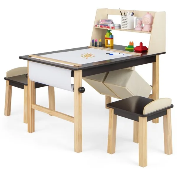 Table et 2 Chaises pour Enfants - Rouleau de Papier - 2 Étagères & 2 Bacs de Rangement 2 Marqueurs pour 3 Ans+