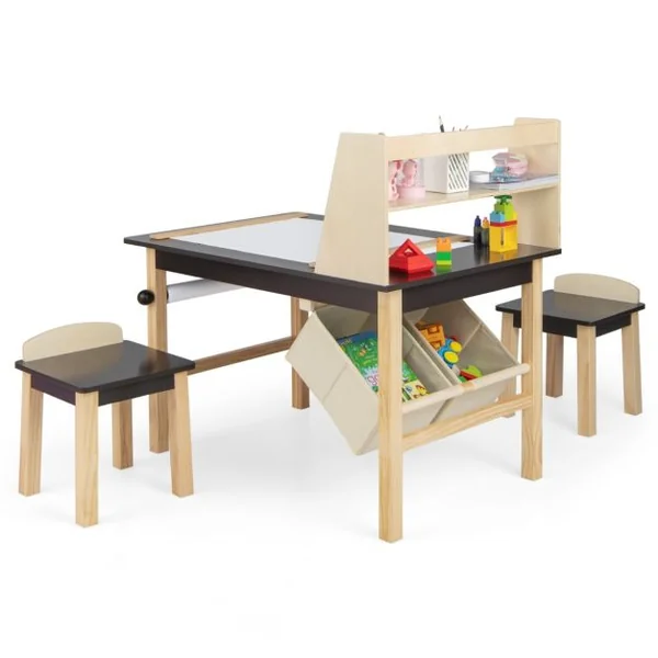 Table et 2 Chaises pour Enfants - Rouleau de Papier - 2 Étagères & 2 Bacs de Rangement 2 Marqueurs pour 3 Ans+