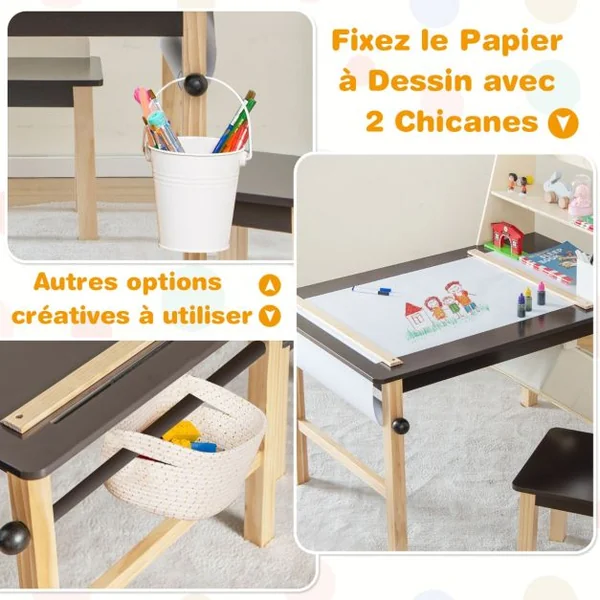 Table et 2 Chaises pour Enfants - Rouleau de Papier - 2 Étagères & 2 Bacs de Rangement 2 Marqueurs pour 3 Ans+