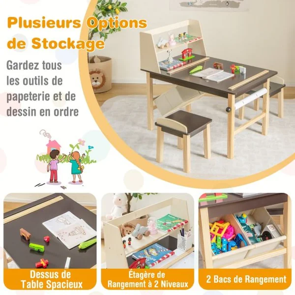 Table et 2 Chaises pour Enfants - Rouleau de Papier - 2 Étagères & 2 Bacs de Rangement 2 Marqueurs pour 3 Ans+