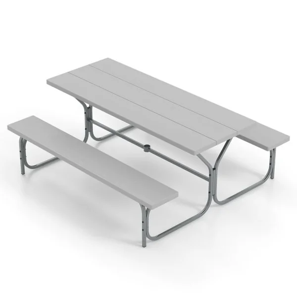 Table et Bancs de Pique-nique avec Cadre Métal Ensemble de Jardin Imperméable pour 8 Personnes Banc Charge 250KG Trou 183 x 161 x 76 cm Gris/Noir