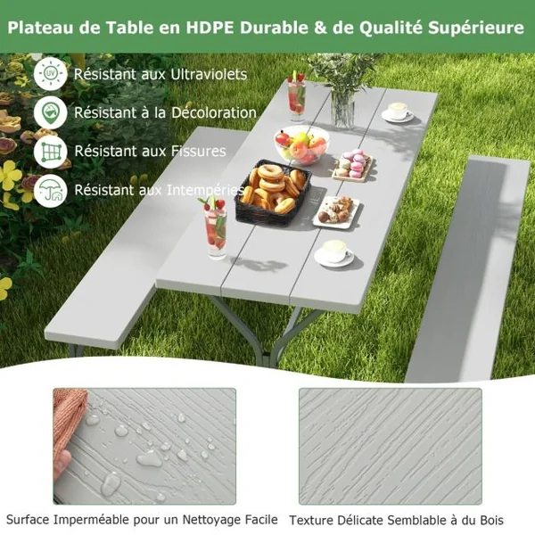 Table et Bancs de Pique-nique avec Cadre Métal Ensemble de Jardin Imperméable pour 8 Personnes Banc Charge 250KG Trou 183 x 161 x 76 cm Gris/Noir