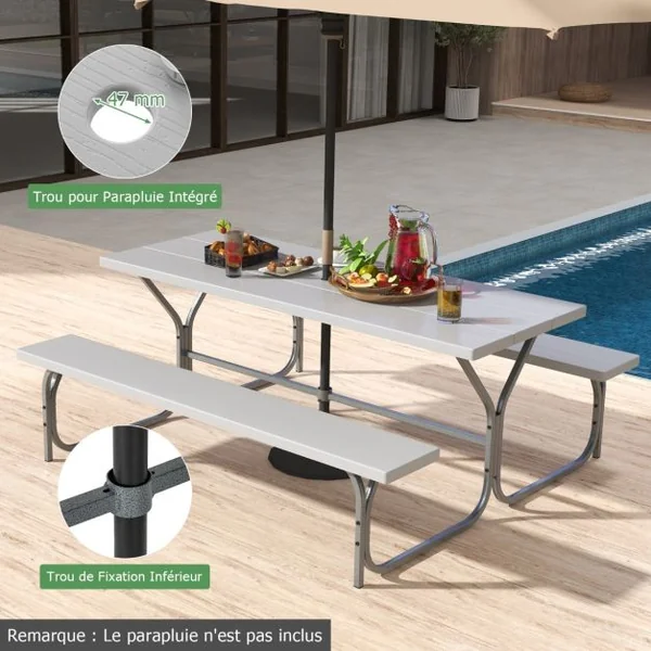 Table et Bancs de Pique-nique avec Cadre Métal Ensemble de Jardin Imperméable pour 8 Personnes Banc Charge 250KG Trou 183 x 161 x 76 cm Gris/Noir