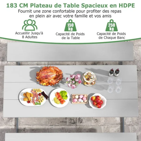 Table et Bancs de Pique-nique avec Cadre Métal Ensemble de Jardin Imperméable pour 8 Personnes Banc Charge 250KG Trou 183 x 161 x 76 cm Gris/Noir