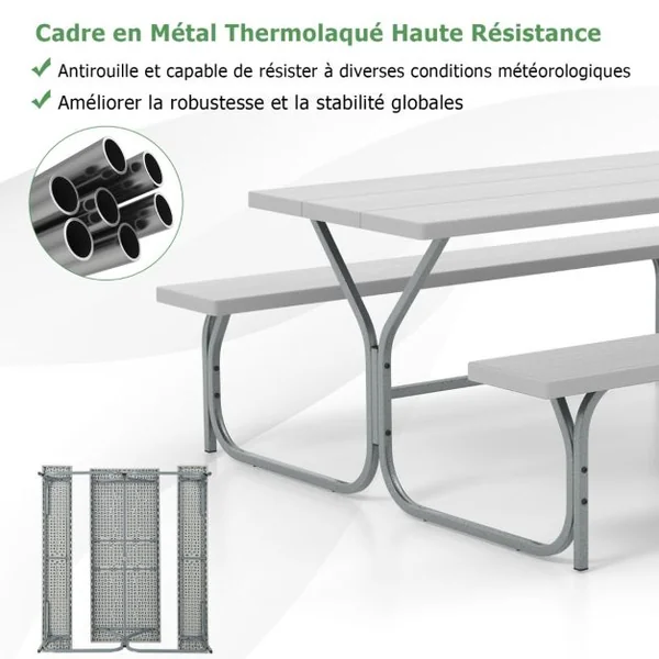 Table et Bancs de Pique-nique avec Cadre Métal Ensemble de Jardin Imperméable pour 8 Personnes Banc Charge 250KG Trou 183 x 161 x 76 cm Gris/Noir
