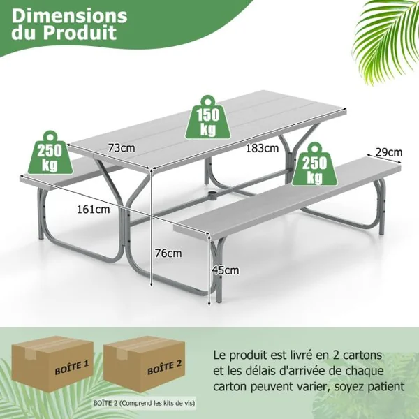 Table et Bancs de Pique-nique avec Cadre Métal Ensemble de Jardin Imperméable pour 8 Personnes Banc Charge 250KG Trou 183 x 161 x 76 cm Gris/Noir