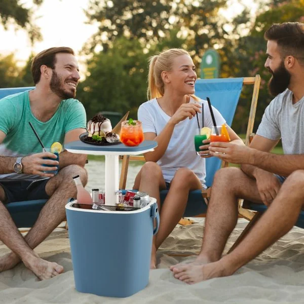 Table Glacière 15L 3 en 1 avec Compartiment de Rangement Pince à Glace Seau à Glace d'Extérieur en PP Résistant aux Intempéries Bleu/Noir