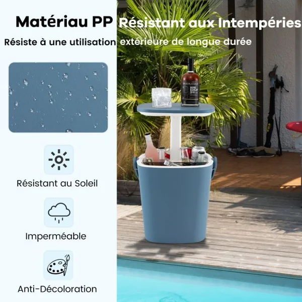 Table Glacière 15L 3 en 1 avec Compartiment de Rangement Pince à Glace Seau à Glace d'Extérieur en PP Résistant aux Intempéries Bleu/Noir