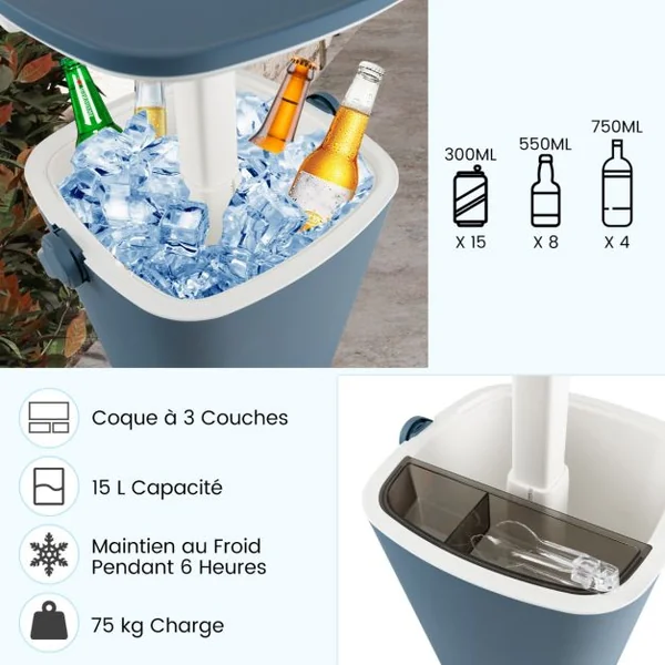 Table Glacière 15L 3 en 1 avec Compartiment de Rangement Pince à Glace Seau à Glace d'Extérieur en PP Résistant aux Intempéries Bleu/Noir
