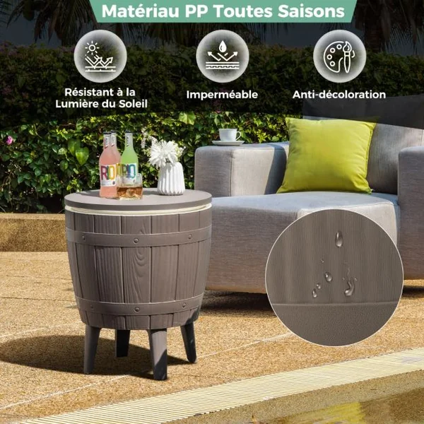 Table Glacière 37L pour Jardin 3 en 1 avec Plateau Télescopique Seau à Glace d'Extérieur pour Cocktails Bière Ø48x58/83cm Marron+Blanc