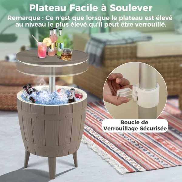 Table Glacière 37L pour Jardin 3 en 1 avec Plateau Télescopique Seau à Glace d'Extérieur pour Cocktails Bière Ø48x58/83cm Marron+Blanc