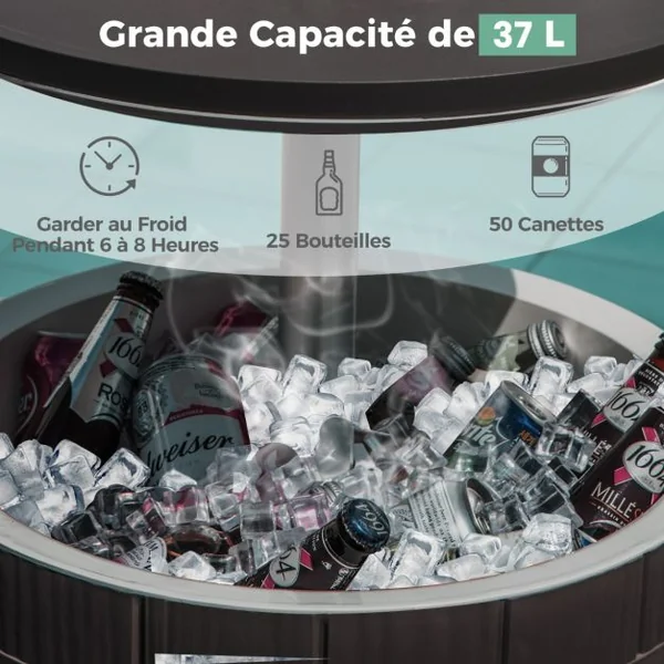 Table Glacière 37L pour Jardin 3 en 1 avec Plateau Télescopique Seau à Glace d'Extérieur pour Cocktails Bière Ø48x58/83cm Marron+Blanc