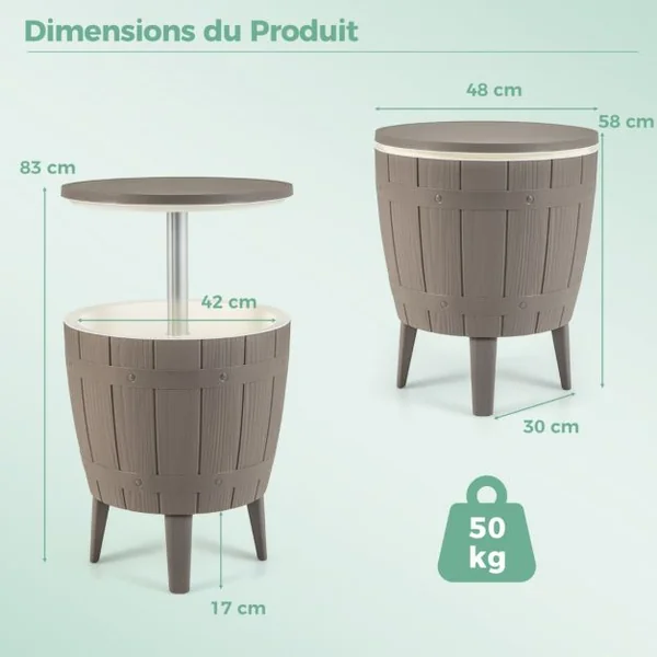 Table Glacière 37L pour Jardin 3 en 1 avec Plateau Télescopique Seau à Glace d'Extérieur pour Cocktails Bière Ø48x58/83cm Marron+Blanc