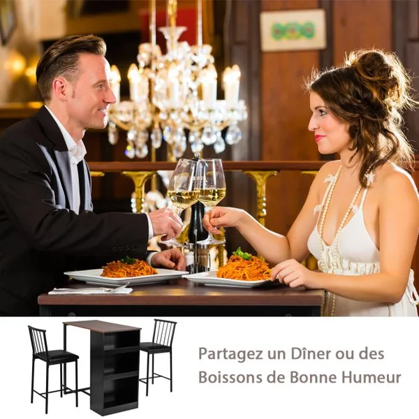 Table Haute Cuisine avec 2 Tabourets Mange-Debout 3 Compartiments de Rangement Style Industriel pour Bistro Salle à Manger Marron