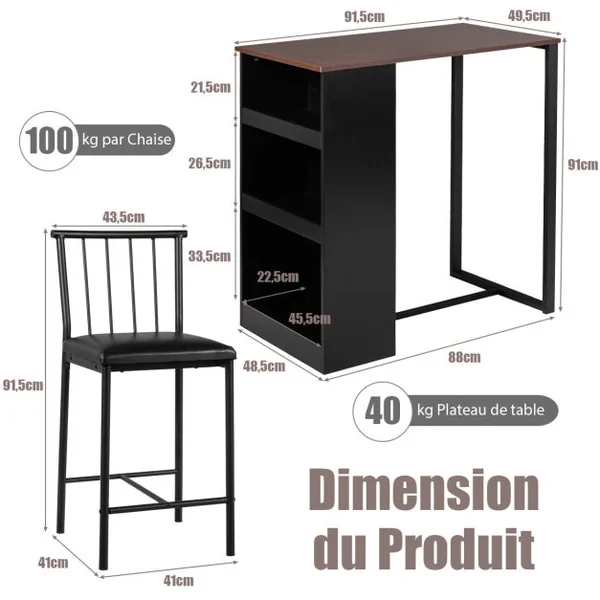 Table Haute Cuisine avec 2 Tabourets Mange-Debout 3 Compartiments de Rangement Style Industriel pour Bistro Salle à Manger Marron