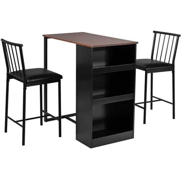 Table Haute Cuisine avec 2 Tabourets Mange-Debout 3 Compartiments de Rangement Style Industriel pour Bistro Salle à Manger Marron