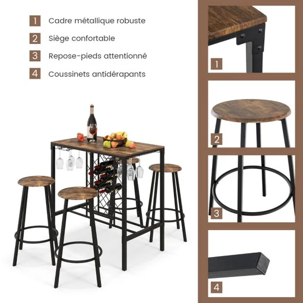 Table Haute Cuisine avec 4 Tabourets avec Porte-verre et Casier à Bouteilles sous Table Mange-Debout pour Salle à Manger Cuisine Brun Rustique