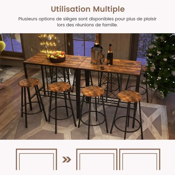 Table Haute Cuisine avec 4 Tabourets avec Porte-verre et Casier à Bouteilles sous Table Mange-Debout pour Salle à Manger Cuisine Brun Rustique