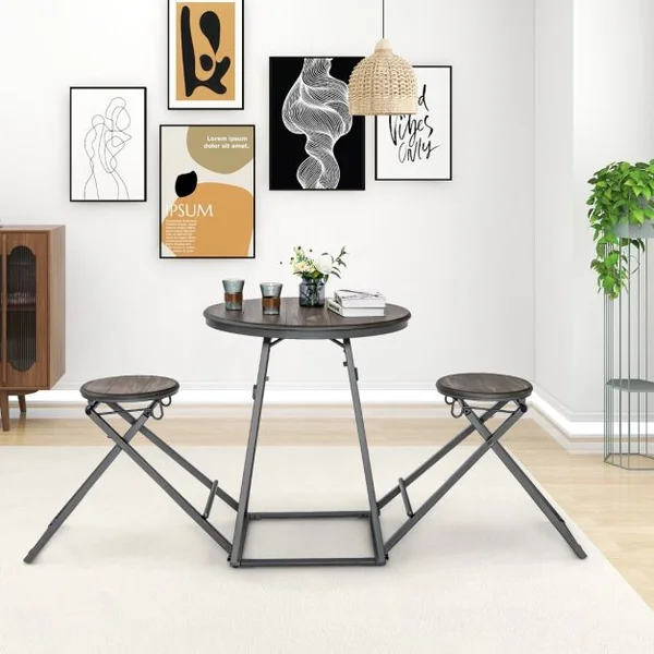 Table Haute Cuisine avec Tabouret Table Bar Industrielle Pliable Mange Debout 2 Personnes Compact pour Cuisine Salle à Manger Salon Bistro Gris