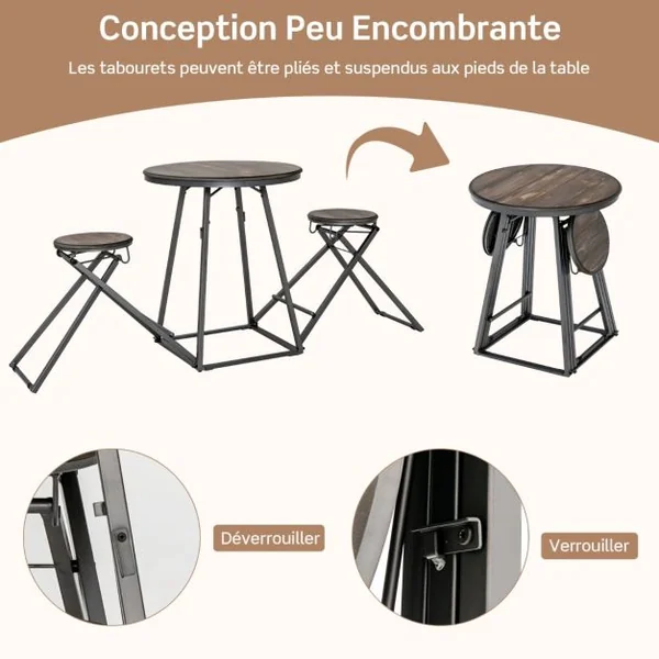 Table Haute Cuisine avec Tabouret Table Bar Industrielle Pliable Mange Debout 2 Personnes Compact pour Cuisine Salle à Manger Salon Bistro Gris