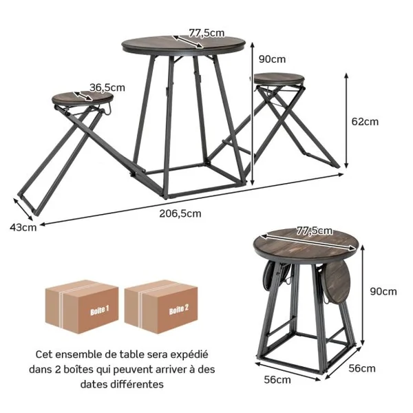 Table Haute Cuisine avec Tabouret Table Bar Industrielle Pliable Mange Debout 2 Personnes Compact pour Cuisine Salle à Manger Salon Bistro Gris