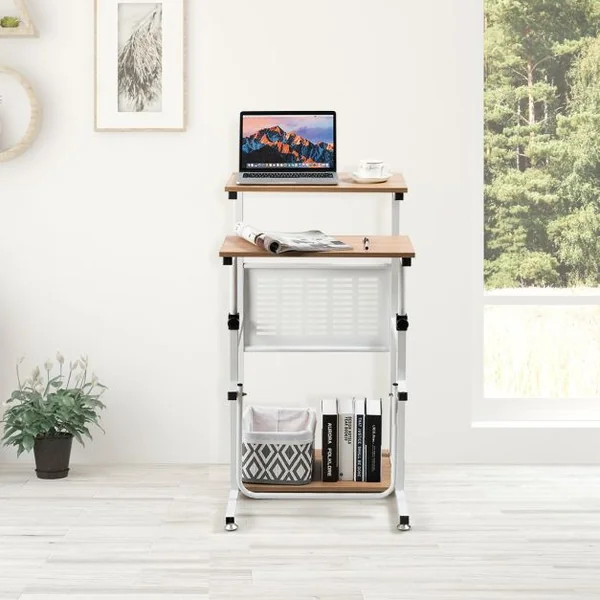 Table Informatique Assis-debout Bureau d'Ordinateur Réglable en Hauteur Poste de Travail avec Support d'Imprimante 55 x 53 x (68-98) cm