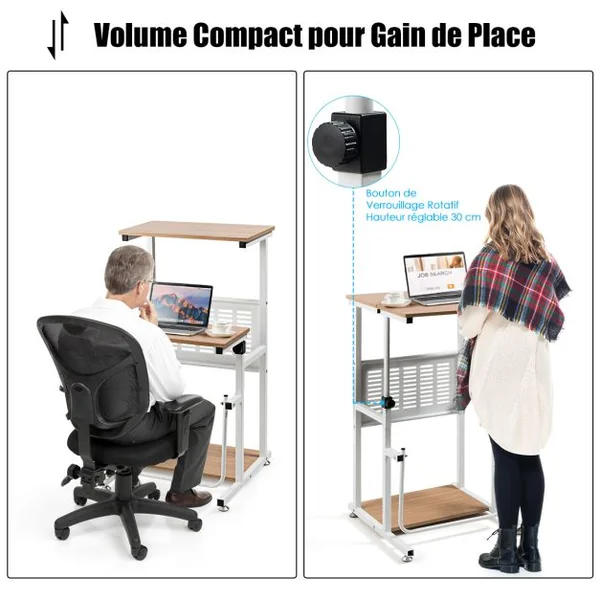 Table Informatique Assis-debout Bureau d'Ordinateur Réglable en Hauteur Poste de Travail avec Support d'Imprimante 55 x 53 x (68-98) cm