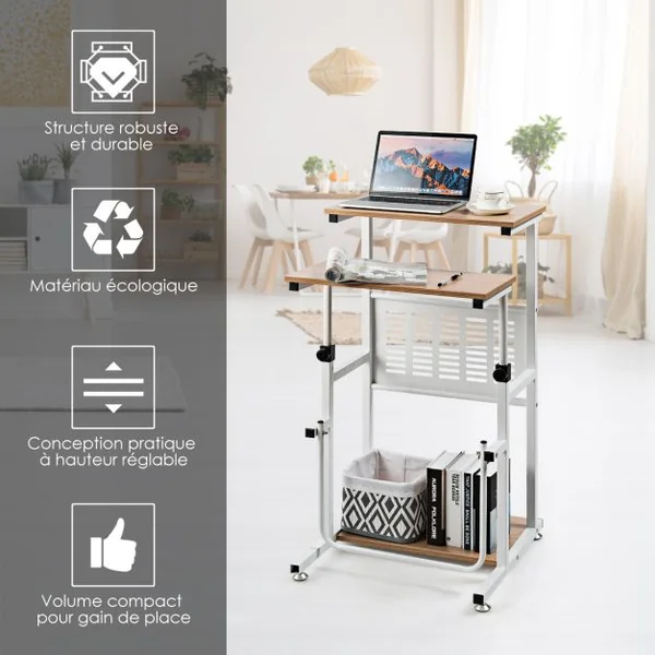 Table Informatique Assis-debout Bureau d'Ordinateur Réglable en Hauteur Poste de Travail avec Support d'Imprimante 55 x 53 x (68-98) cm