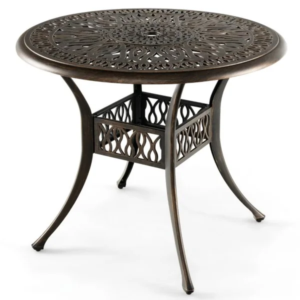 Table Jardin Ronde en Aluminium coulé 90x90x74CM avec Trou pour Parasol 5CM Table Extérieure avec Pied Réglable Antidérapant