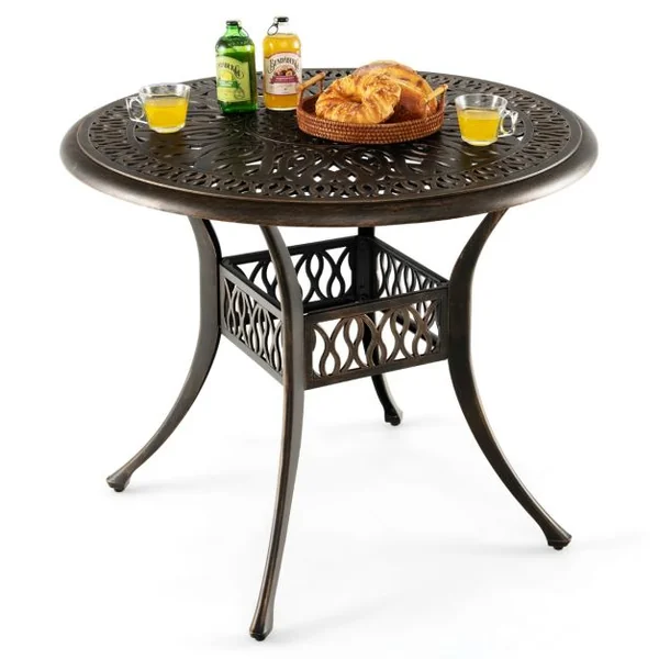 Table Jardin Ronde en Aluminium coulé 90x90x74CM avec Trou pour Parasol 5CM Table Extérieure avec Pied Réglable Antidérapant