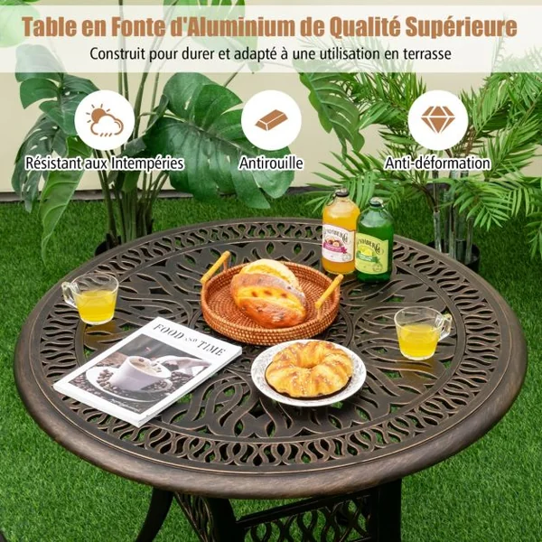 Table Jardin Ronde en Aluminium coulé 90x90x74CM avec Trou pour Parasol 5CM Table Extérieure avec Pied Réglable Antidérapant