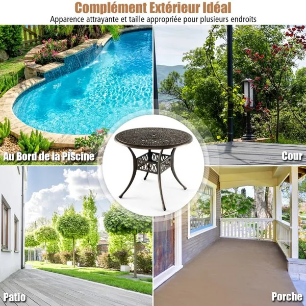 Table Jardin Ronde en Aluminium coulé 90x90x74CM avec Trou pour Parasol 5CM Table Extérieure avec Pied Réglable Antidérapant