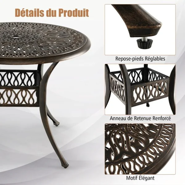 Table Jardin Ronde en Aluminium coulé 90x90x74CM avec Trou pour Parasol 5CM Table Extérieure avec Pied Réglable Antidérapant