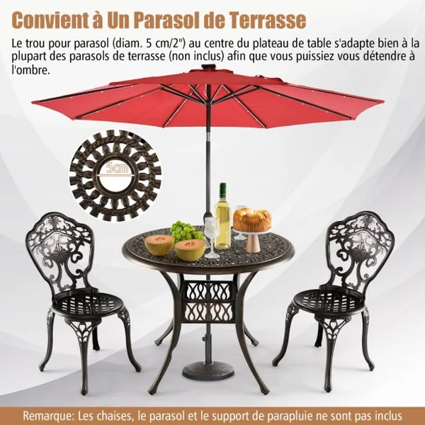 Table Jardin Ronde en Aluminium coulé 90x90x74CM avec Trou pour Parasol 5CM Table Extérieure avec Pied Réglable Antidérapant