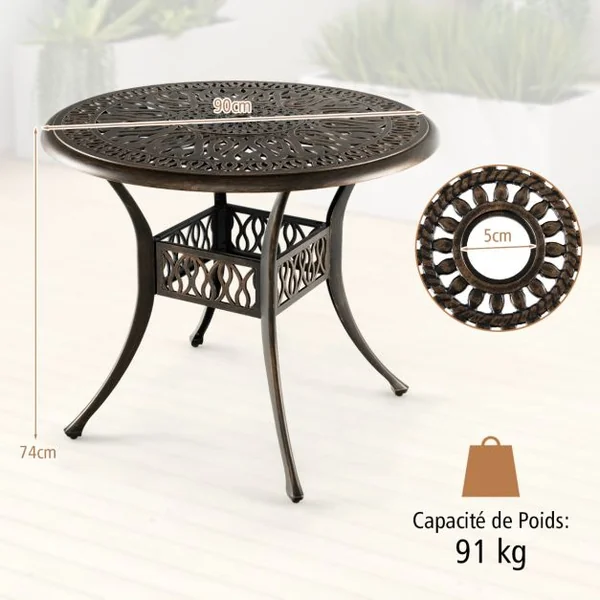 Table Jardin Ronde en Aluminium coulé 90x90x74CM avec Trou pour Parasol 5CM Table Extérieure avec Pied Réglable Antidérapant