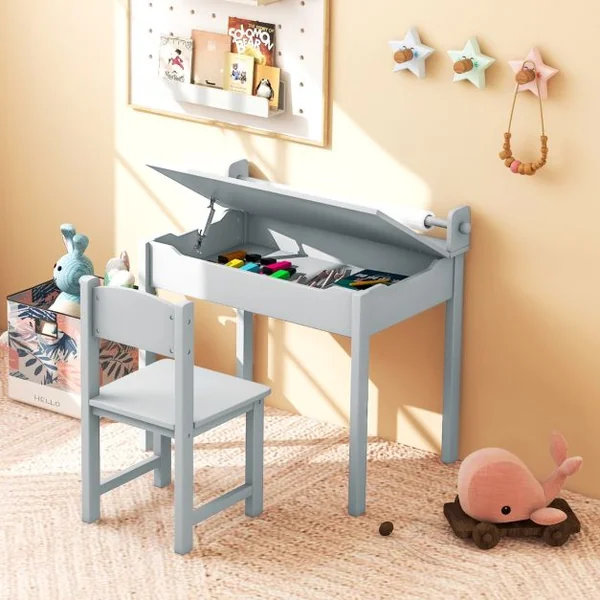 Table Multi-activités avec Chaise Table D'art et D'artisanat pour Enfants Support de Rouleau de Papier Rangement Rouleau de Papier 2 Marqueurs Blanc/Gris/Rose