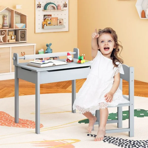 Table Multi-activités avec Chaise Table D'art et D'artisanat pour Enfants Support de Rouleau de Papier Rangement Rouleau de Papier 2 Marqueurs Blanc/Gris/Rose